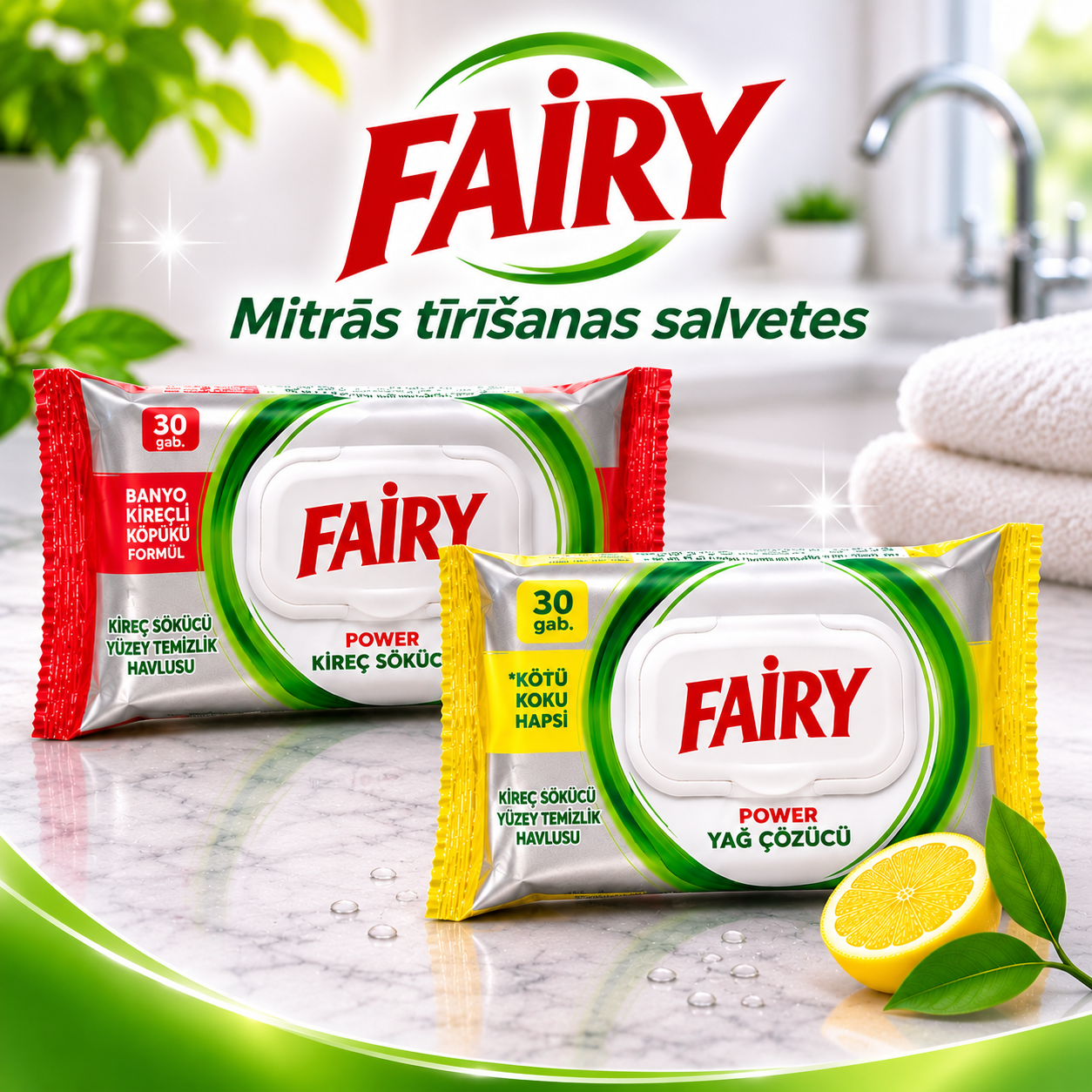 Fairy Power mitrās tīrīšanas salvetes – tauku un kaļķakmens nosēdumu noņemšanai, 30 gab. - Image 1