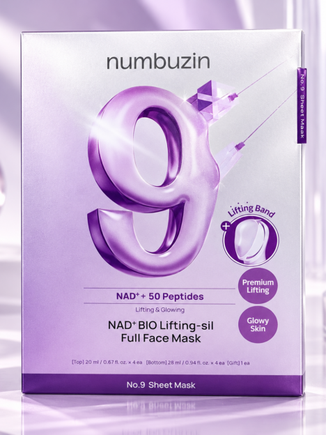 Numbuzin No.9 NAD+ BIO Lifting-sil Full Face Mask – nostiprinošu sejas masku komplekts ar NAD+ un 50 peptīdiem, 4 gab.