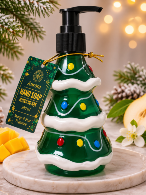 Aurora šķidrās roku ziepes Ziemassvētku eglītes formā ar mango un bumbieru aromātu – 300 ml