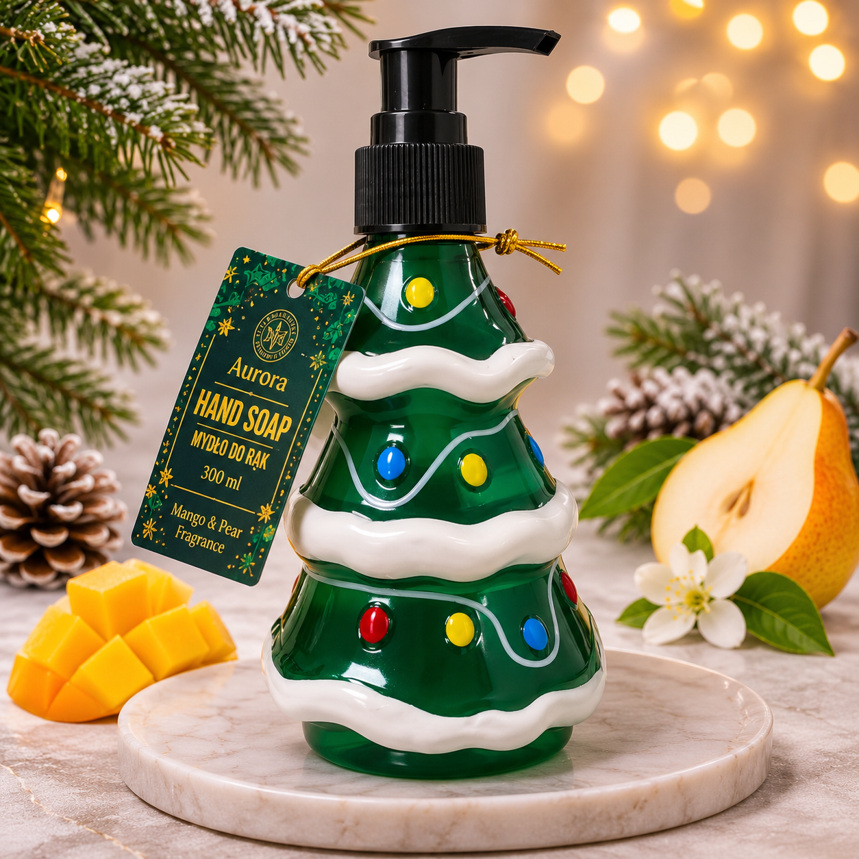 Aurora šķidrās roku ziepes Ziemassvētku eglītes formā ar mango un bumbieru aromātu – 300 ml - Image 1